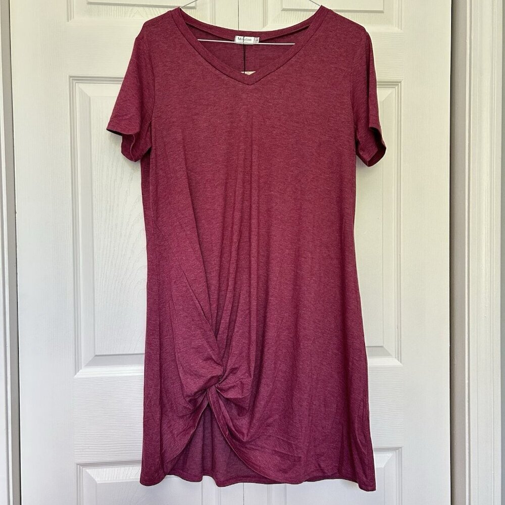 NWT Miselon Short Shirt Dress Womens‎ Large Red Tie Scrunch Bottom